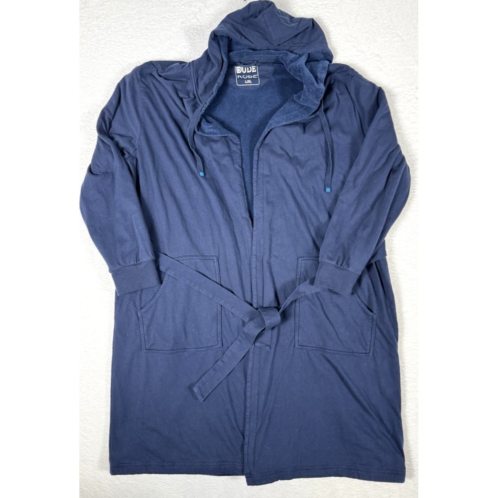 Dude Robe Mens L/XL Navy Blue Hooded Pockets Belt Cotton Terry Cloth Soft